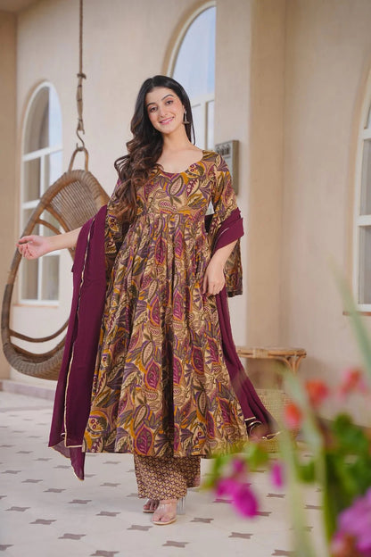 Aayaa Multi Cotton Silk Designer Full Flaired Printed Kurta Set with Dupatta - Dista