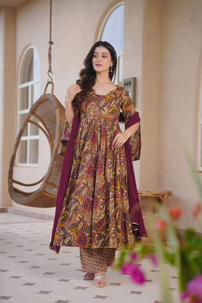 Aayaa Multi Cotton Silk Designer Full Flaired Printed Kurta Set with Dupatta - Dista