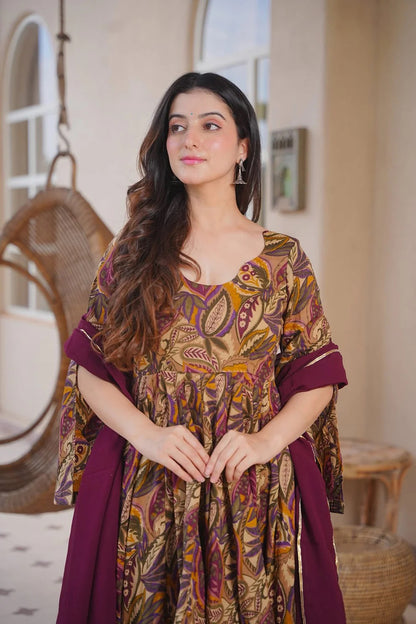 Aayaa Multi Cotton Silk Designer Full Flaired Printed Kurta Set with Dupatta - Dista