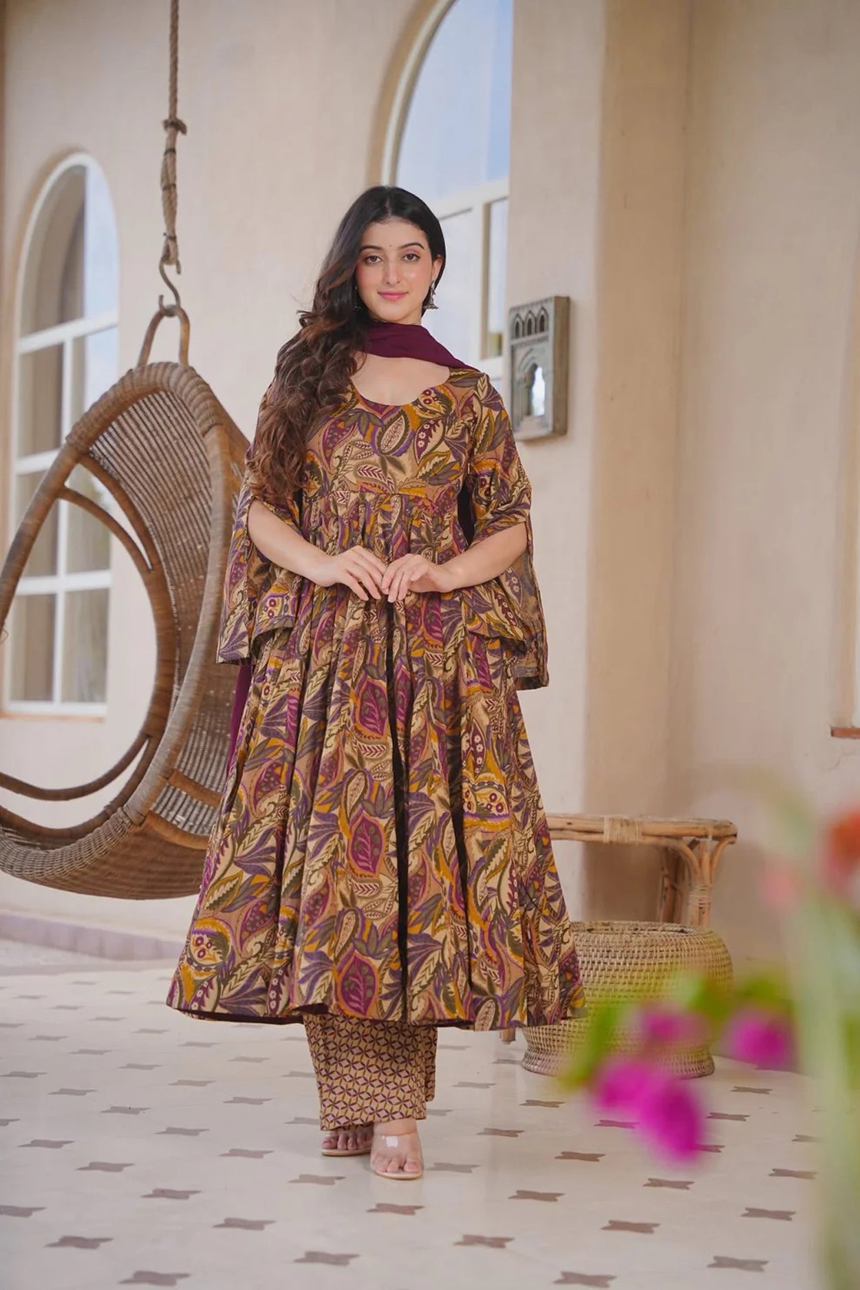 Aayaa Multi Cotton Silk Designer Full Flaired Printed Kurta Set with Dupatta - Dista