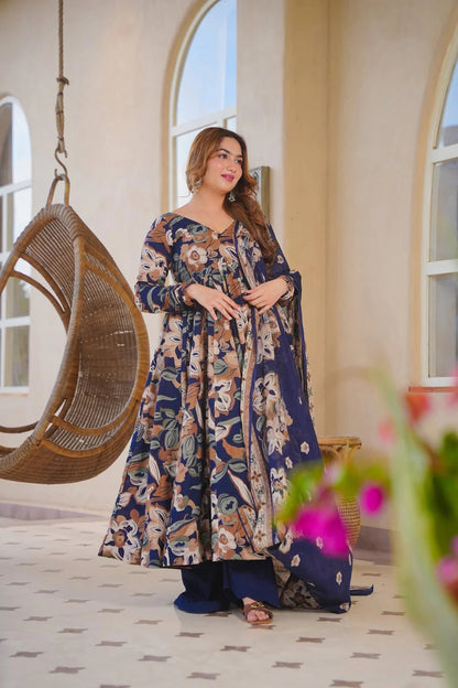 Aayaa Multi Cotton Silk Designer Full Flaired Printed Kurta Set with Dupatta - Dista