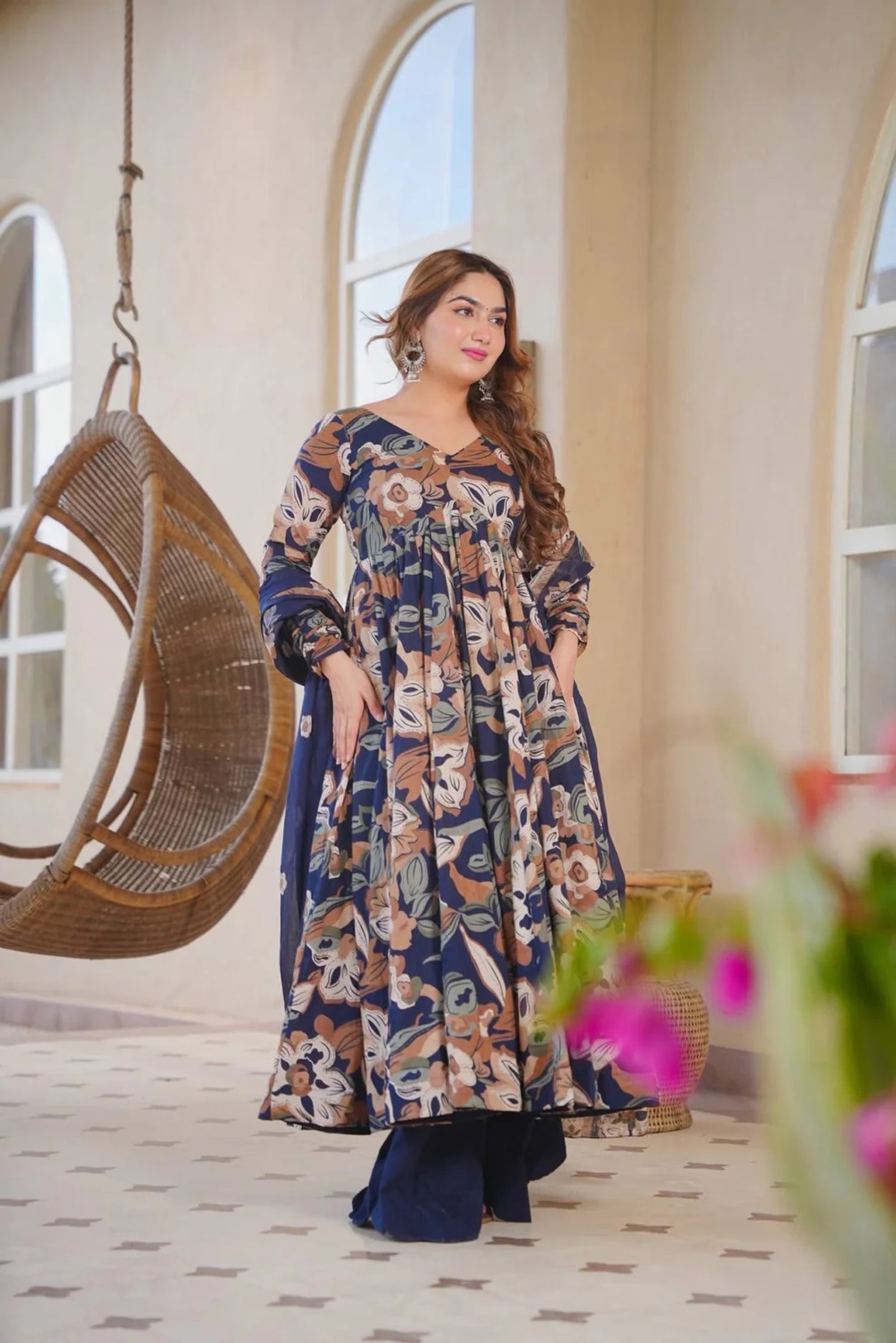 Aayaa Multi Cotton Silk Designer Full Flaired Printed Kurta Set with Dupatta - Dista