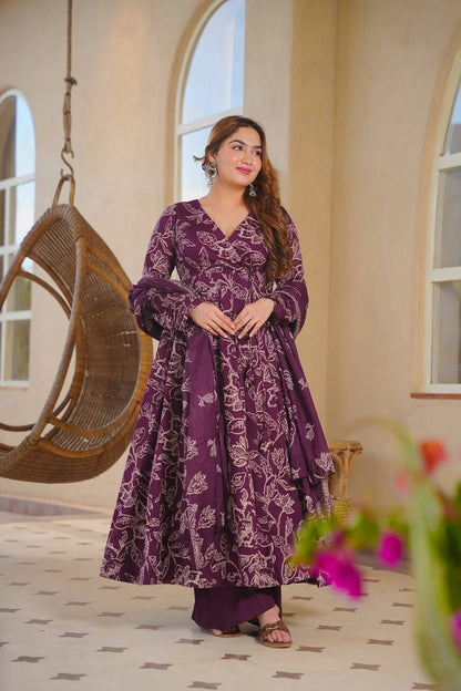 Aayaa Multi Cotton Silk Designer Full Flaired Printed Kurta Set with Dupatta - Dista