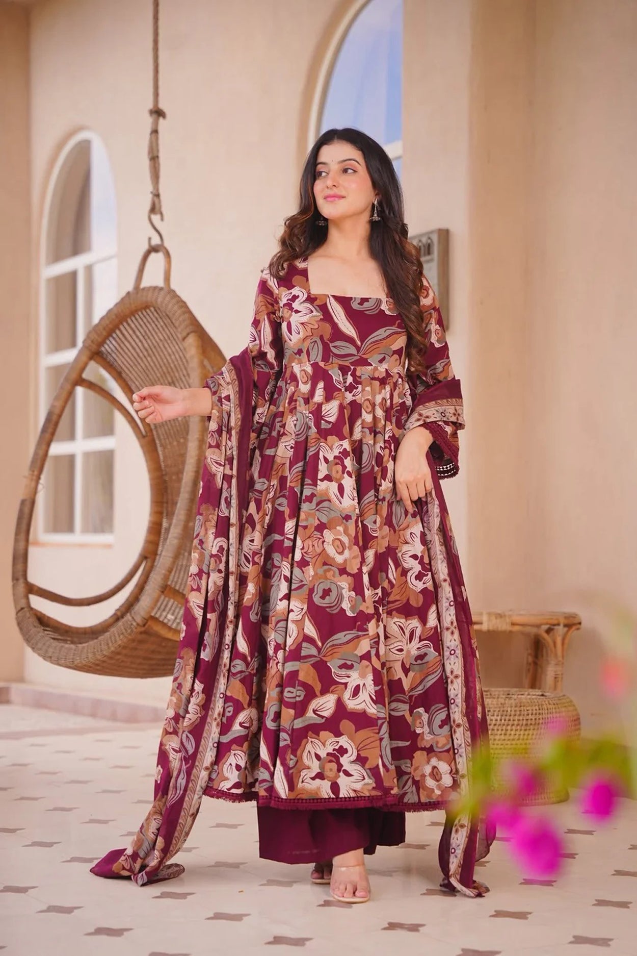 Aayaa Multi Cotton Silk Designer Full Flaired Printed Kurta Set with Dupatta - Dista