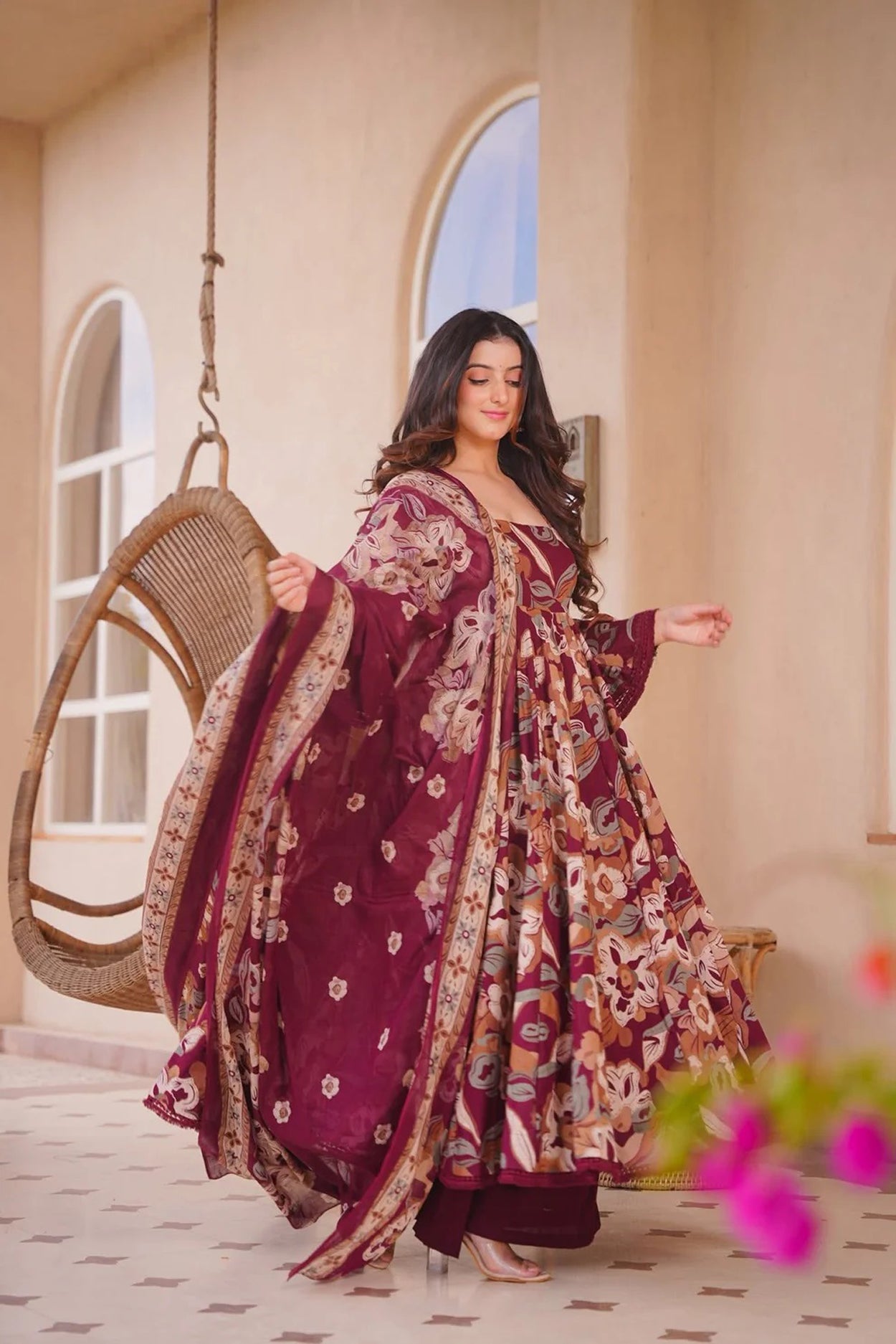 Aayaa Multi Cotton Silk Designer Full Flaired Printed Kurta Set with Dupatta - Dista