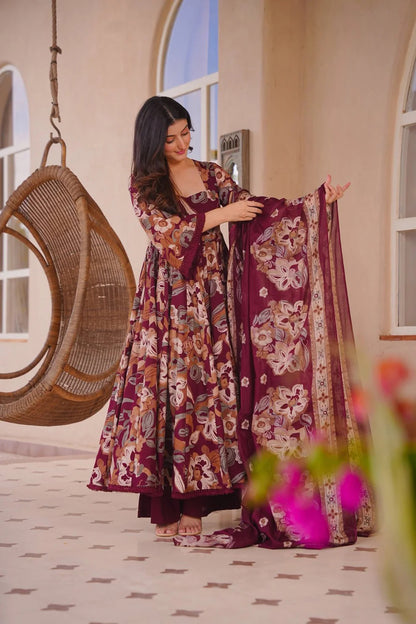 Aayaa Multi Cotton Silk Designer Full Flaired Printed Kurta Set with Dupatta - Dista