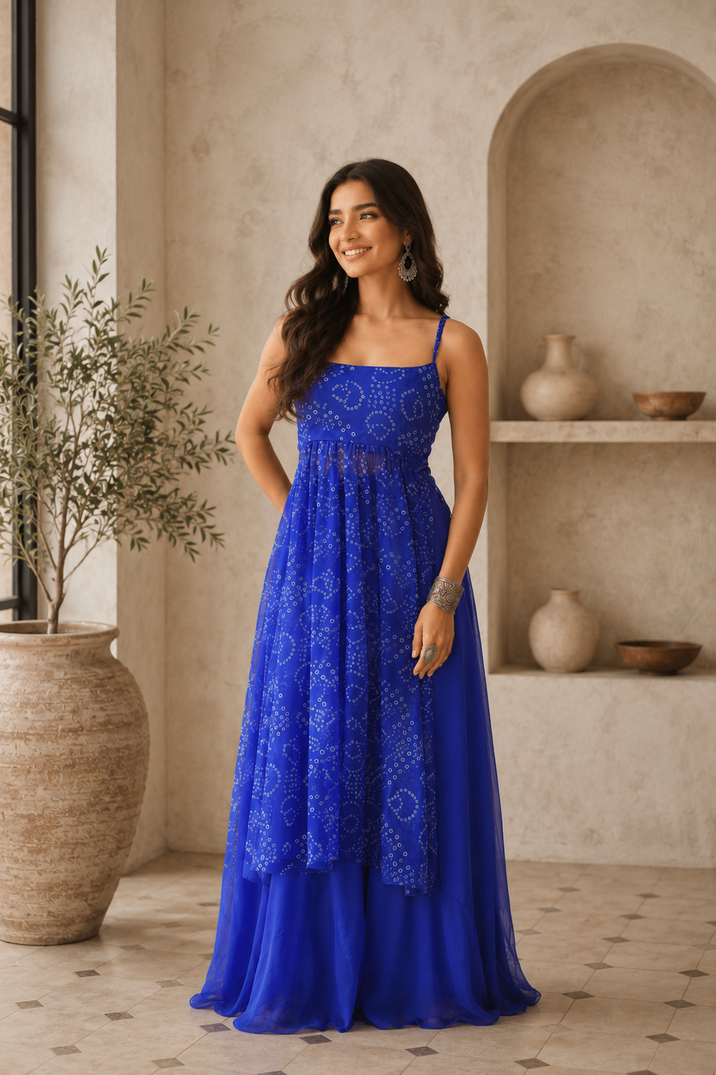 Aayaa Faux Gorgette printed Top With atteched pads-Blue - Dista