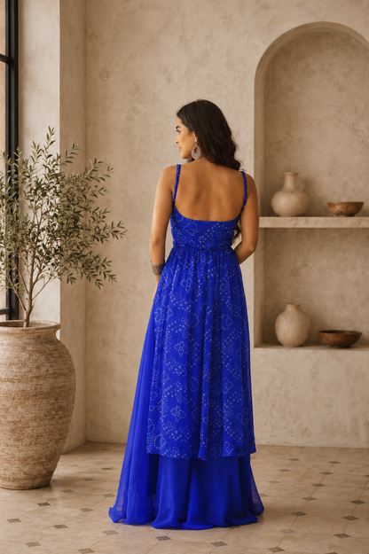 Aayaa Faux Gorgette printed Top With atteched pads-Blue - Dista