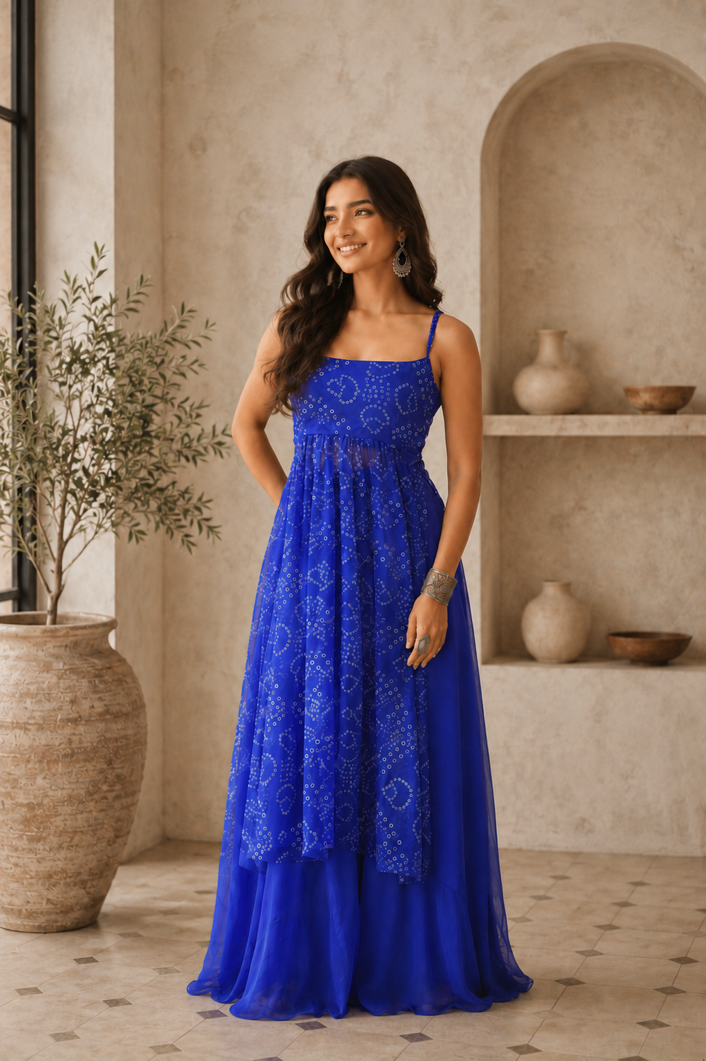 Aayaa Faux Gorgette printed Top With atteched pads-Blue - Dista