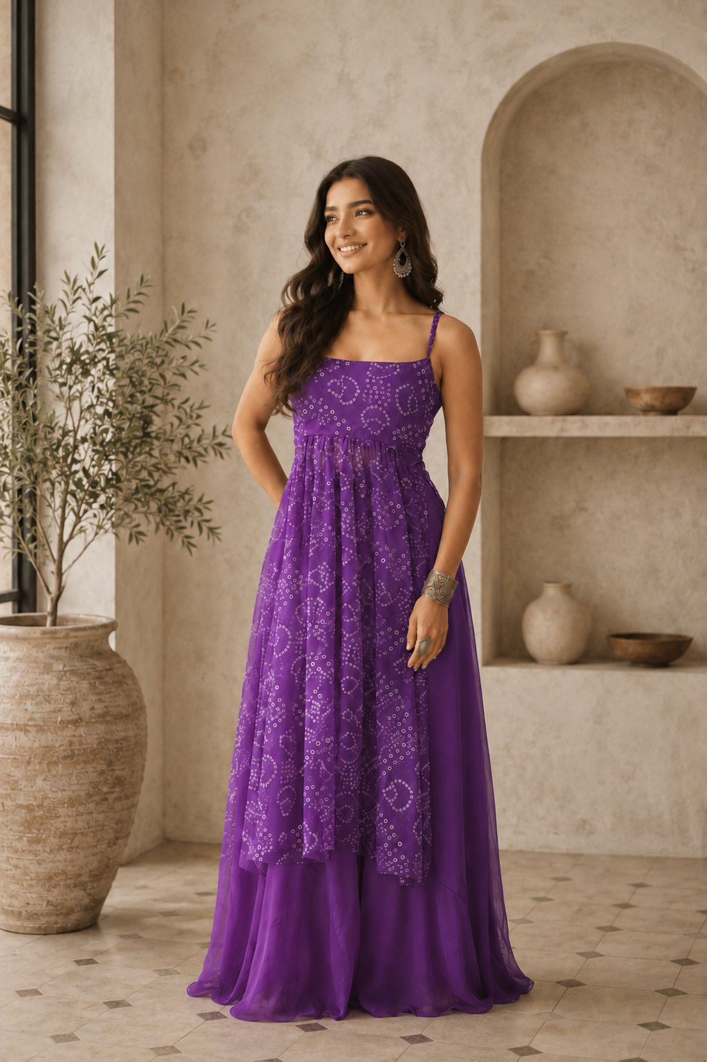Aayaa Faux Gorgette printed Top With atteched pads-Purple - Dista