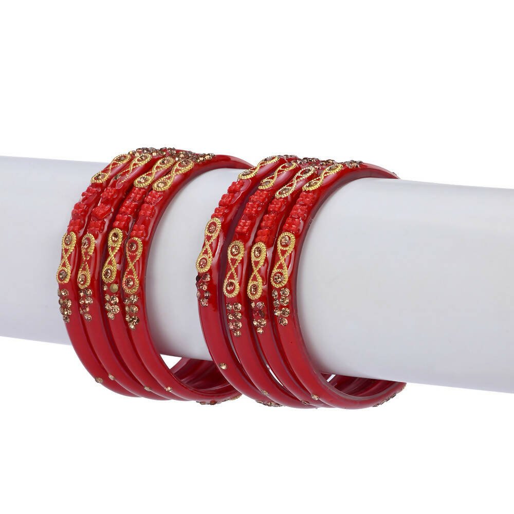 Afast Designer Fancy Party Bangle/ Kada Set, Red, Glass, Pack Of 8 - Distacart