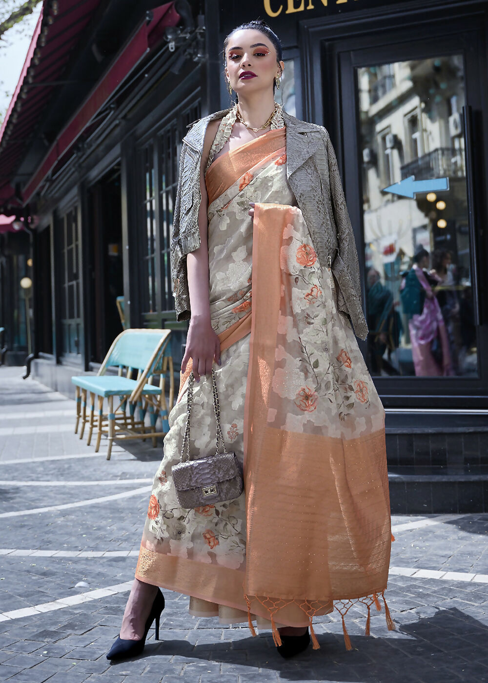 Lovely Orange & Cream Polly Brasso Designer Saree - Emponline - Distacart