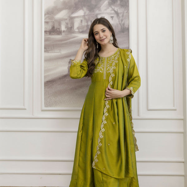 The52 Light Green Women's Beautiful Vichitra Silk Fabric Embroidered Work Flared Anarkali Pant and Dupatta Set - Distacart