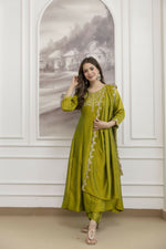 Thumbnail for The52 Light Green Women's Beautiful Vichitra Silk Fabric Embroidered Work Flared Anarkali Pant and Dupatta Set - Distacart