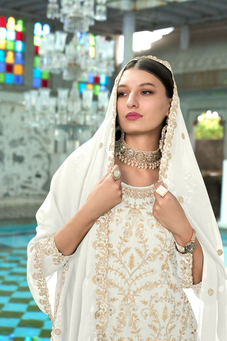 Jyoti Fashion Women's White Faux Georgette Heavy Embroidery and Moti Work Kurta Set - Distacart