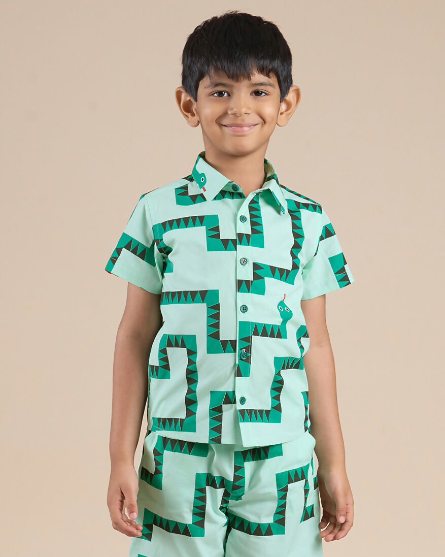 Snakes and Ladders Boys Green Table Print Shirt from Siblings Collection - Distacart