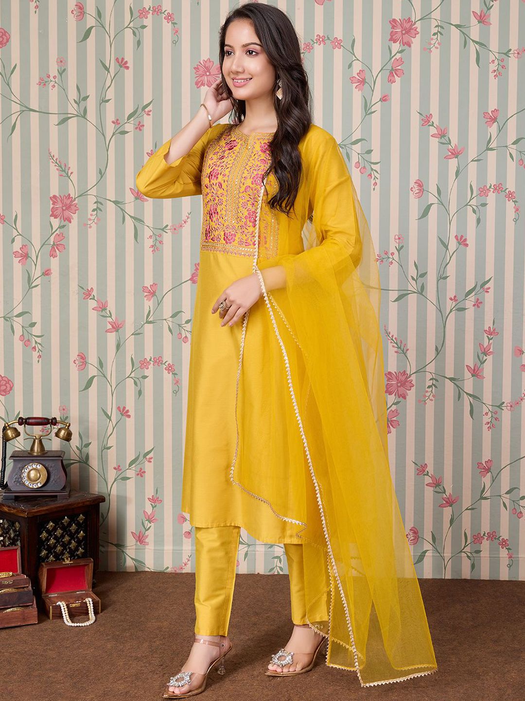 Ode by House of Pataudi Floral Embroidered A Line Kurta with Trousers & With Dupatta - Distacart