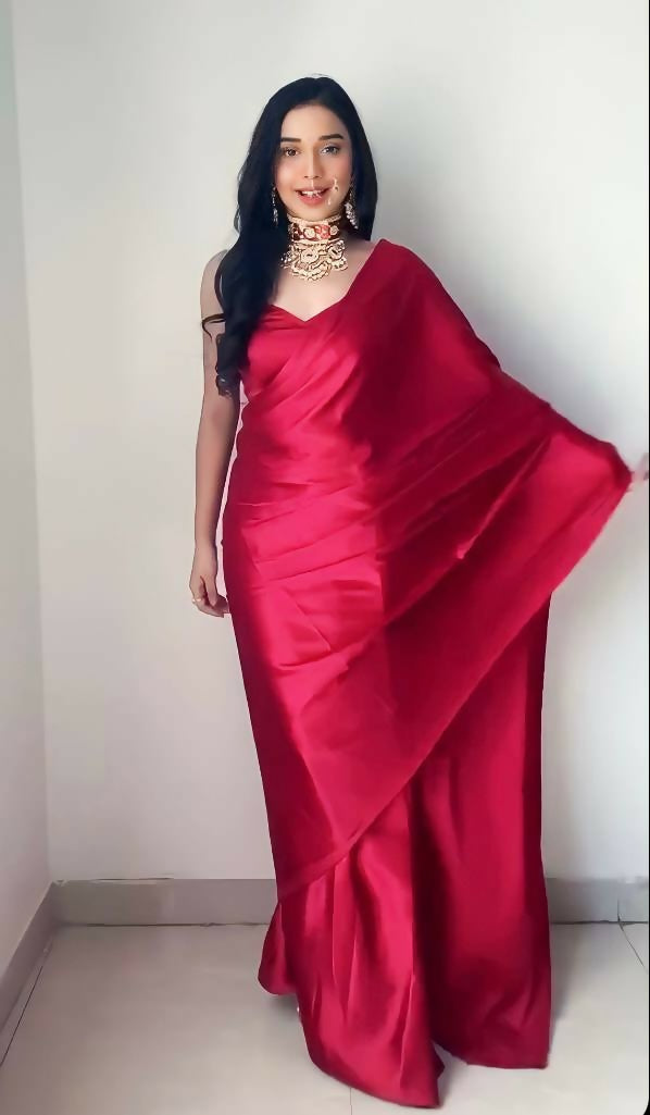 Malishka Satin Silk Solid Ready To Wear Saree With Blouse Piece - Maroon - Distacart