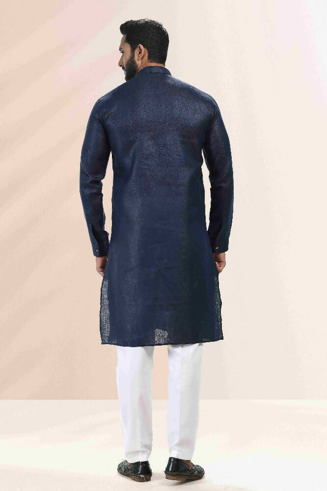 Raivat Ethnic Linen Cotton Pintux Work Kurta Pajama In Blue Colour - Dista