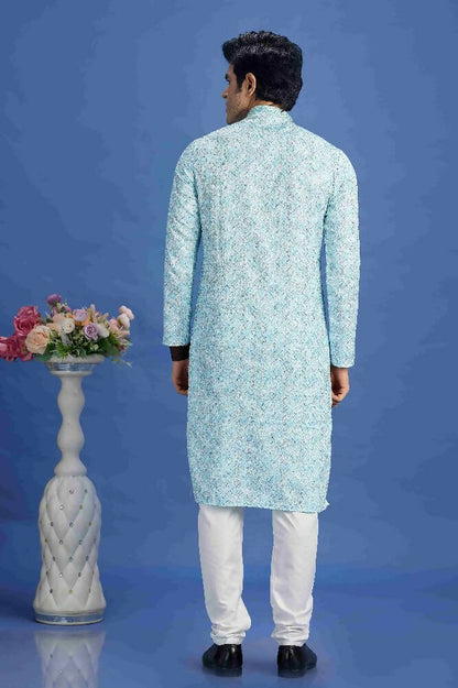 Raivat Ethnic Cotton Embroidery Kurta Pajama In Sky Blue Colour - Dista