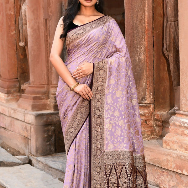 Joban Fashion Nude Pink Crepe Chiffon Pure Handloom Banarasi Silk Saree