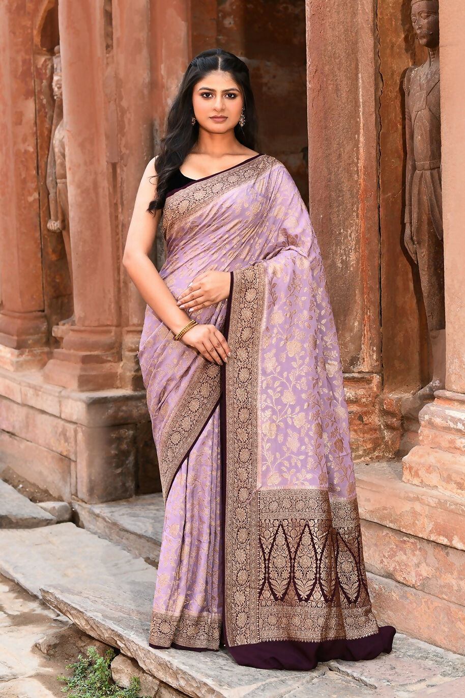 Joban Fashion Nude Pink Crepe Chiffon Pure Handloom Banarasi Silk Saree - Dista