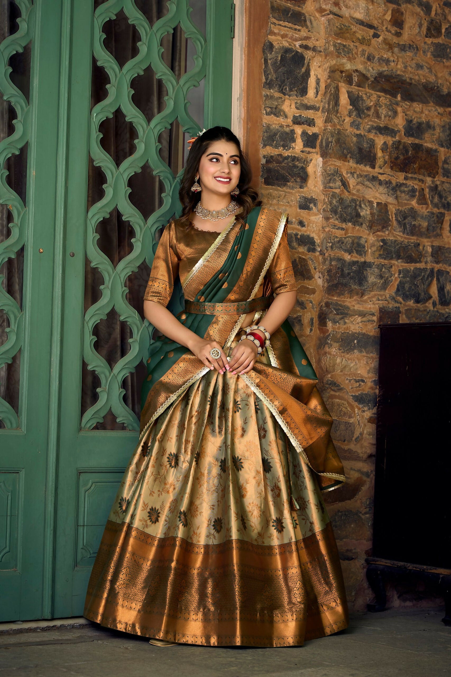 Vastranavya Traditional Jacquard Silk Zari Weaving Silk Lehenga Choli - Green - Distacart