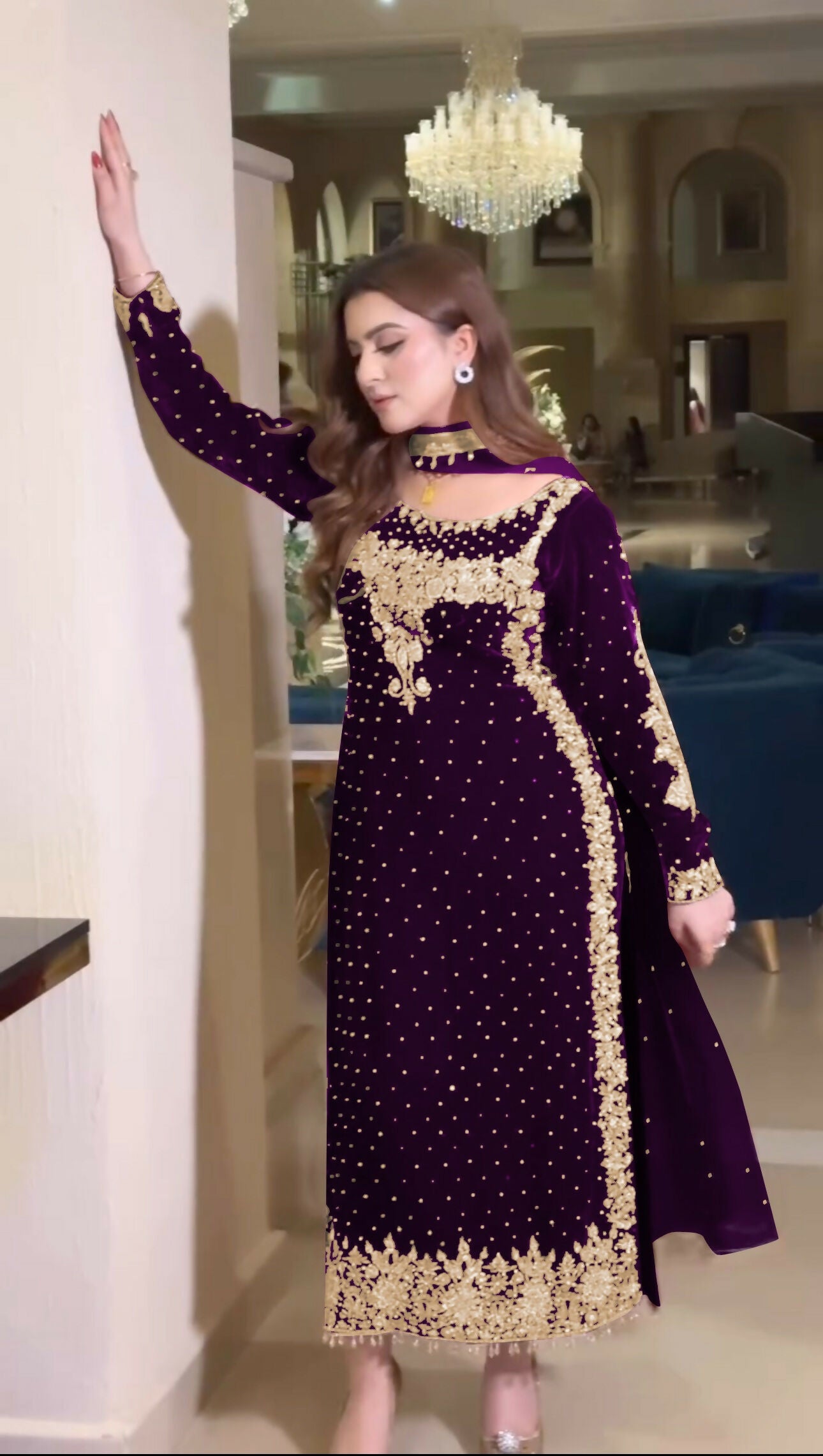 Joban Fashion Purple Velvet Sequence Embroidery Work Kurta Set