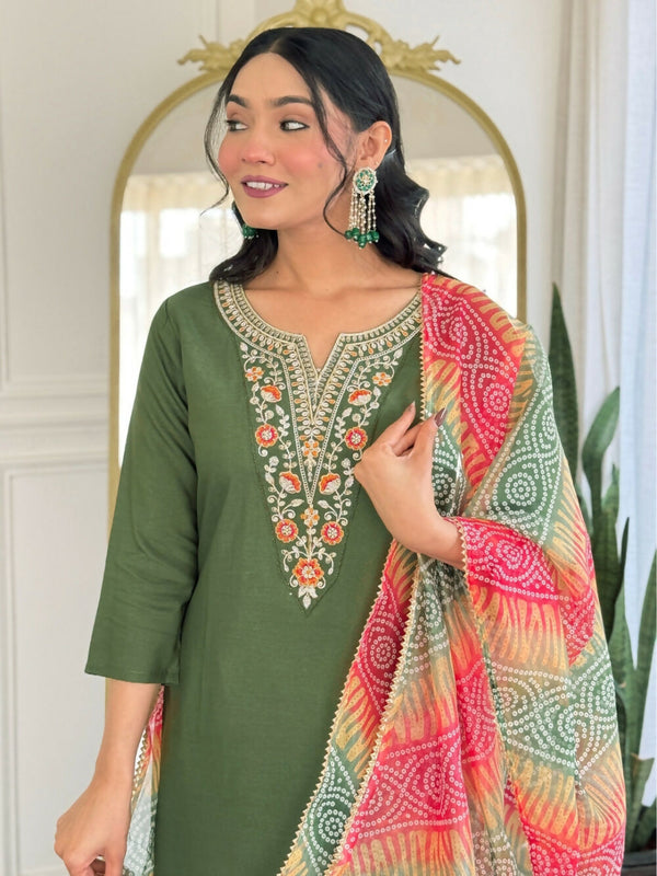 Divine Drape Women's Rayon Embroidered Straight Kurta Pant With Dupatta - Mahendi