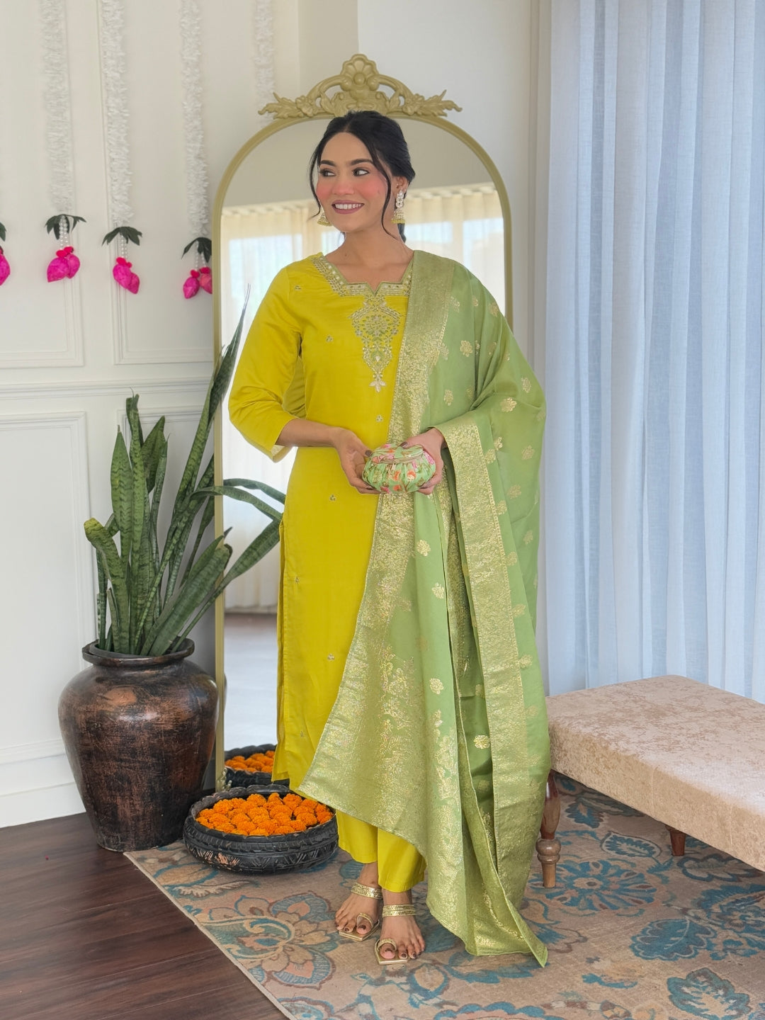 The52 Women's Beautiful Chanderi Viscose Embroidered Straight Kurta with Pant And Dupatta Set