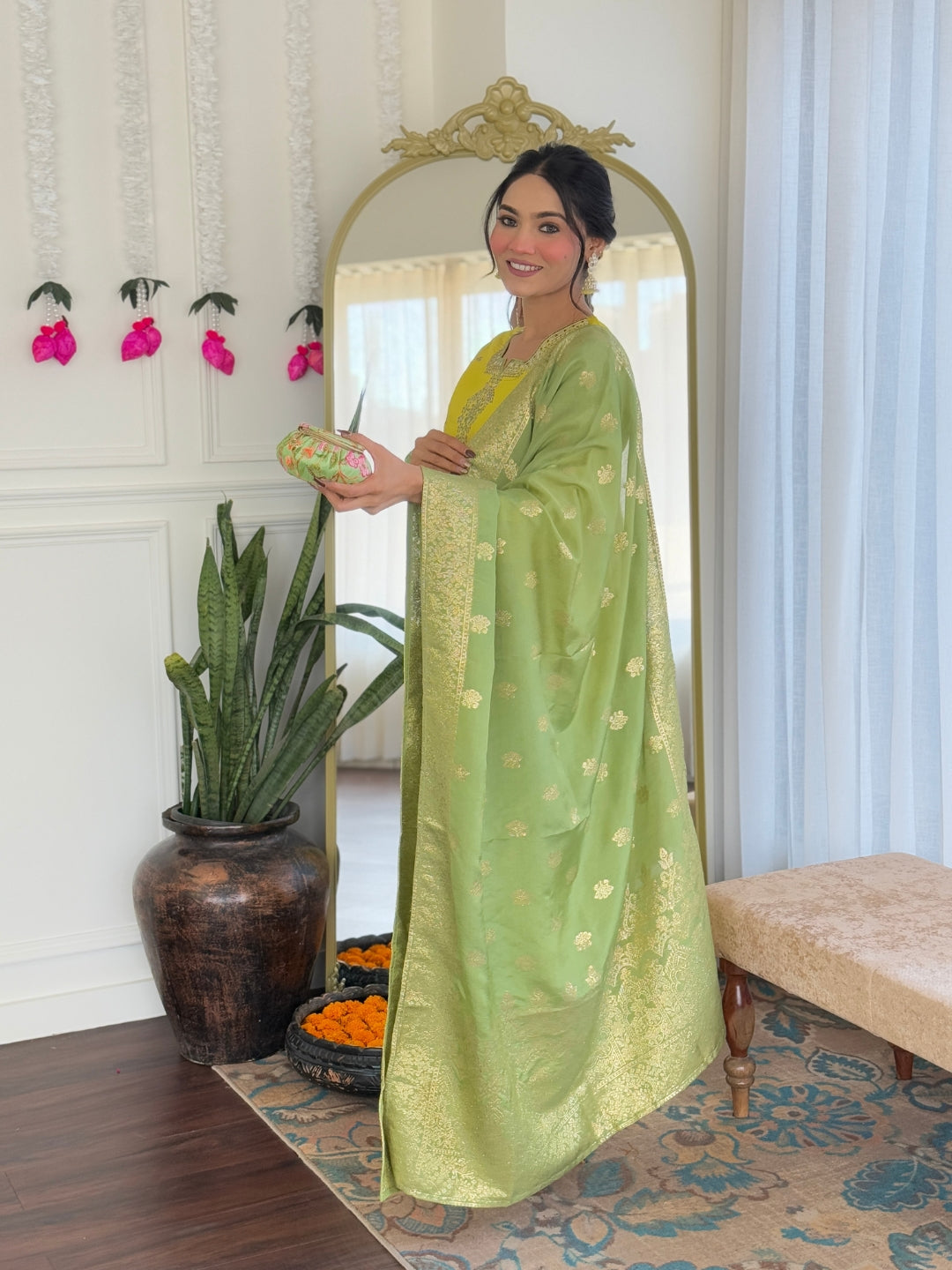The52 Women's Beautiful Chanderi Viscose Embroidered Straight Kurta with Pant And Dupatta Set