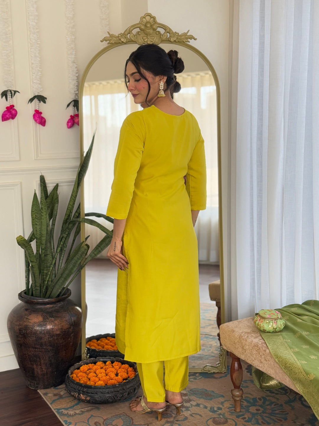 The52 Women's Beautiful Chanderi Viscose Embroidered Straight Kurta with Pant And Dupatta Set