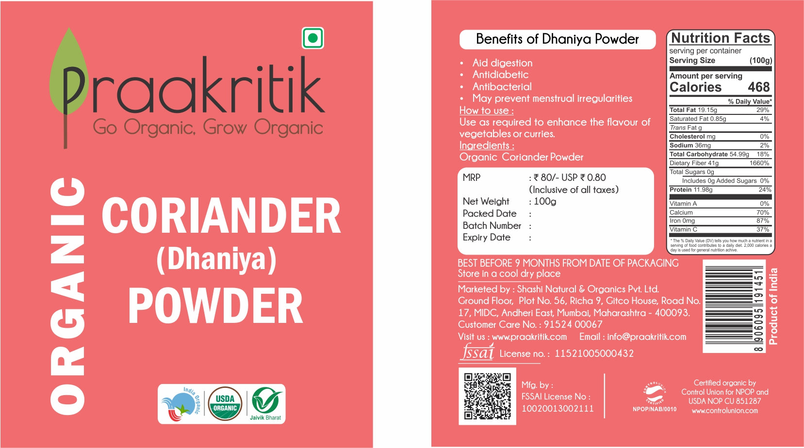 Praakritik Organic Dhaniya Powder - Distacart