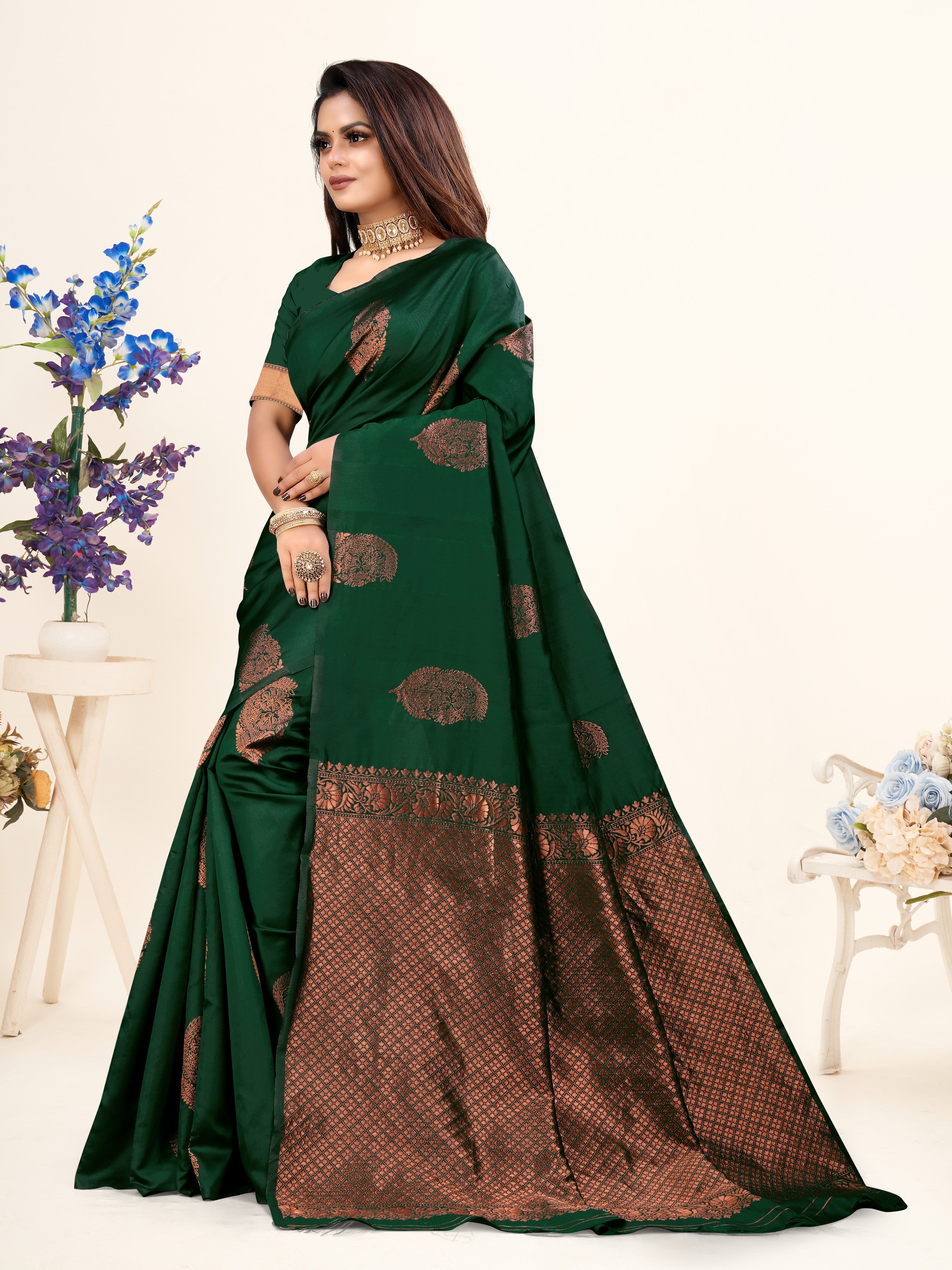 Vedant Vastram Litchi Silk Designer Banarasi Saree - Bottle Green - Distacart
