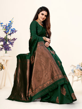 Vedant Vastram Litchi Silk Designer Banarasi Saree - Bottle Green - Distacart