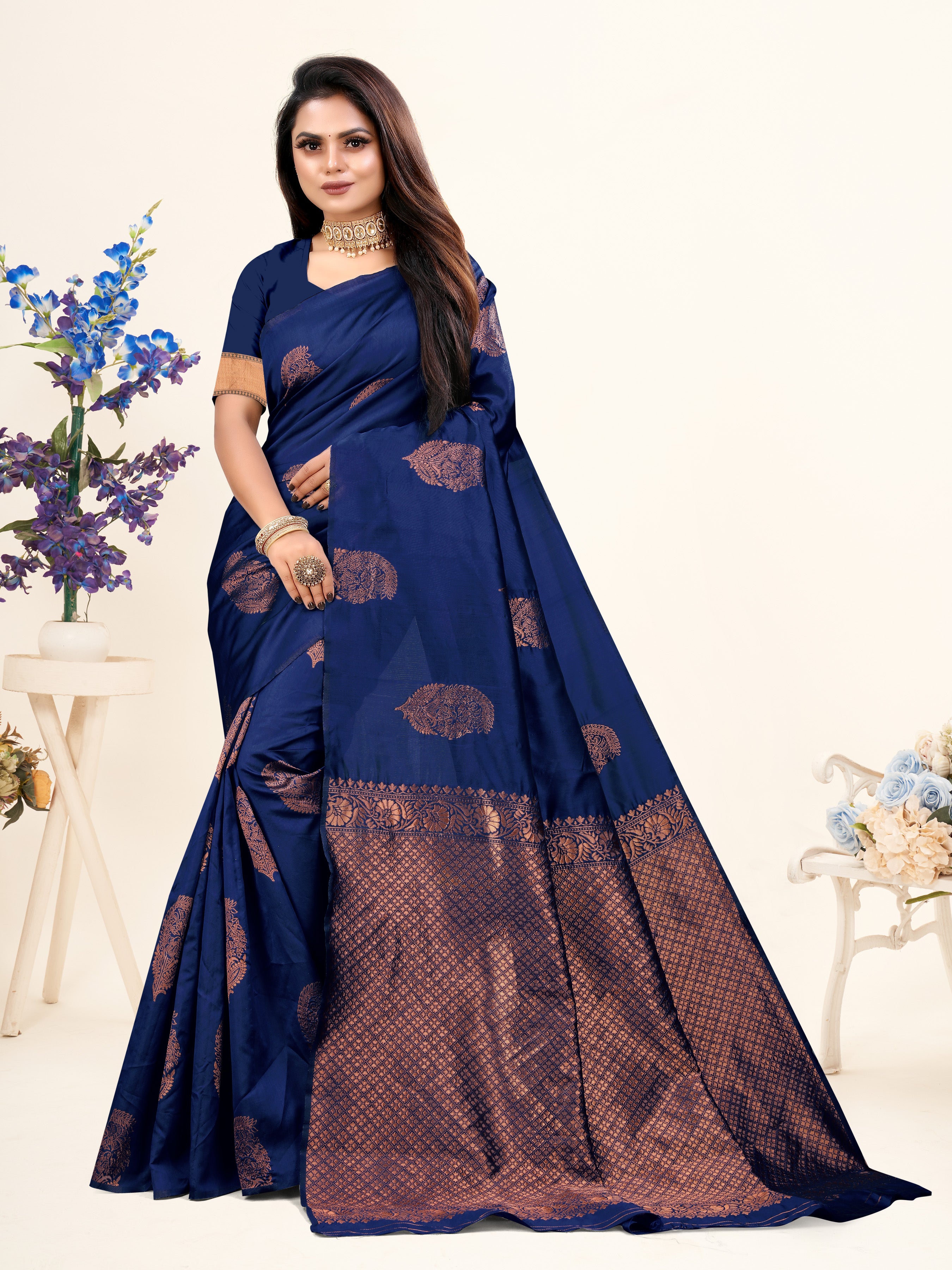 Vedant Vastram Litchi Silk Designer Banarasi Saree - Navy - Distacart