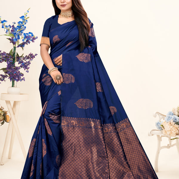 Vedant Vastram Litchi Silk Designer Banarasi Saree - Navy - Distacart
