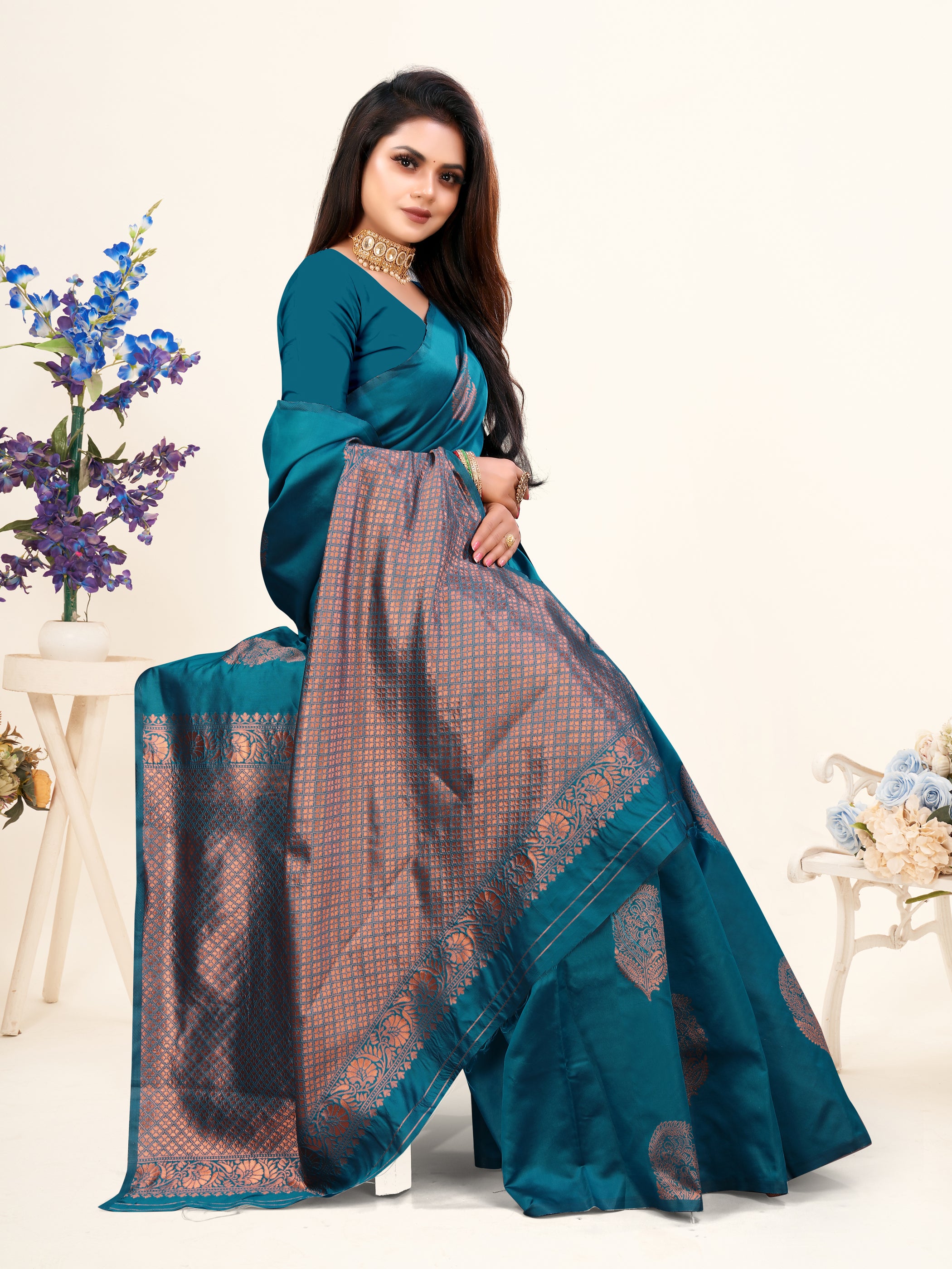 Vedant Vastram Litchi Silk Designer Banarasi Saree - Rama - Distacart