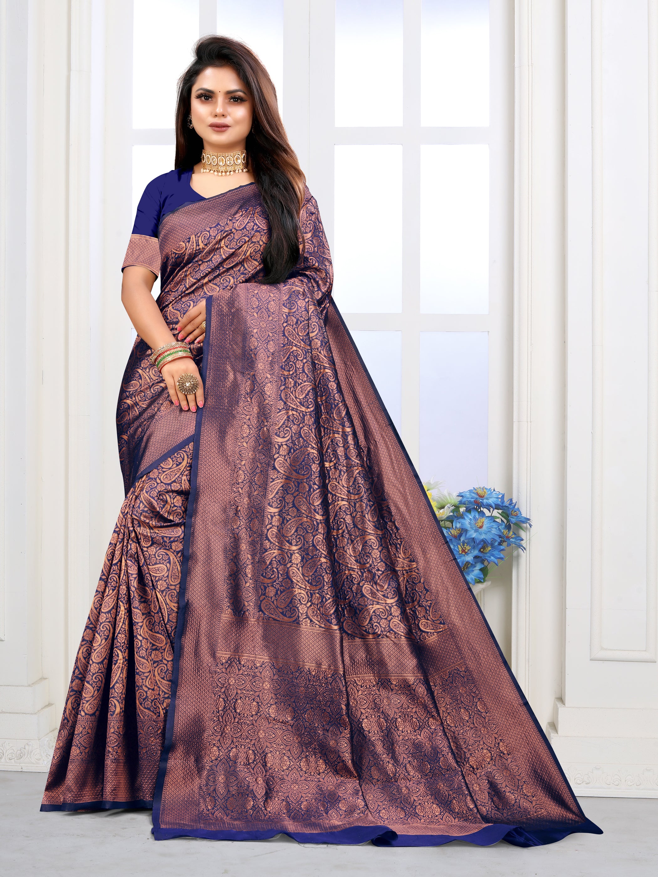 Vedant Vastram Litchi Silk Designer Banarasi Saree - Navy - Distacart