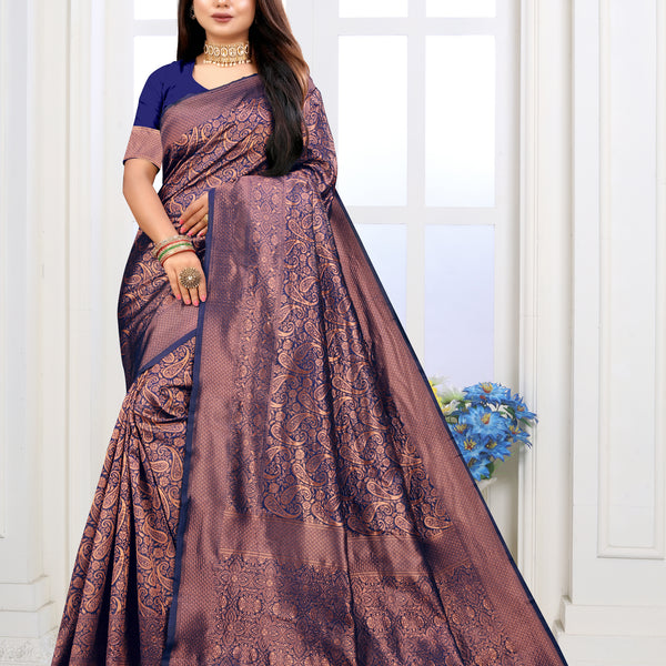 Vedant Vastram Litchi Silk Designer Banarasi Saree - Navy - Distacart