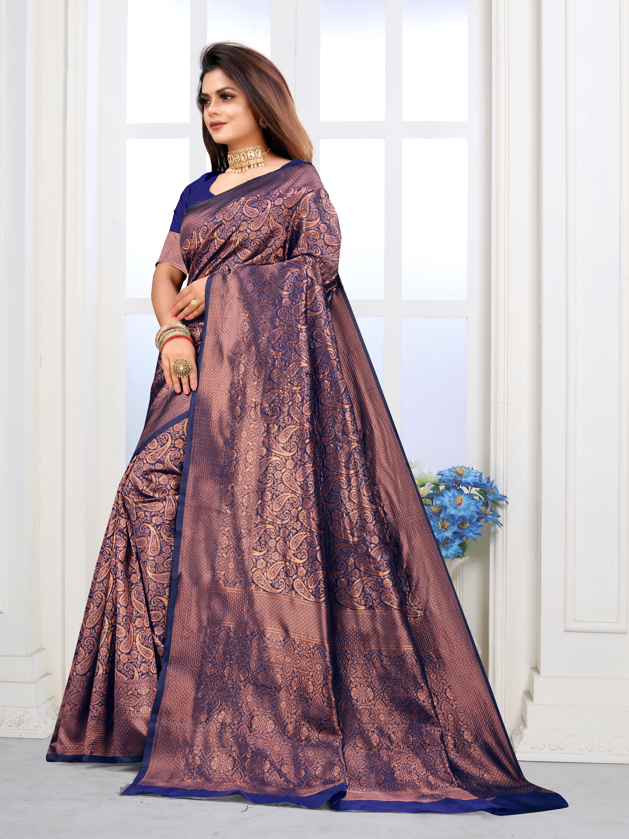 Vedant Vastram Litchi Silk Designer Banarasi Saree - Navy - Distacart