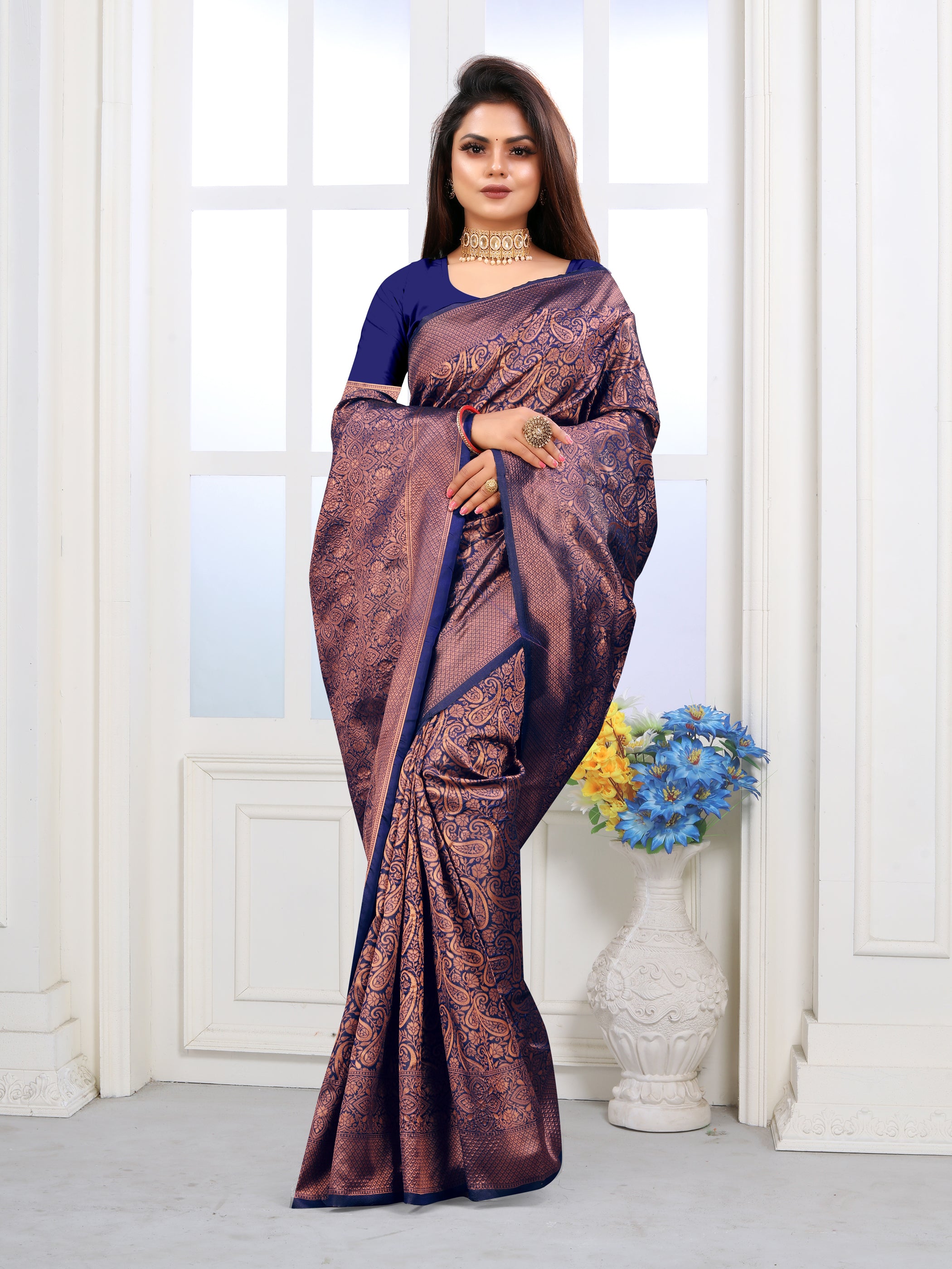 Vedant Vastram Litchi Silk Designer Banarasi Saree - Navy - Distacart