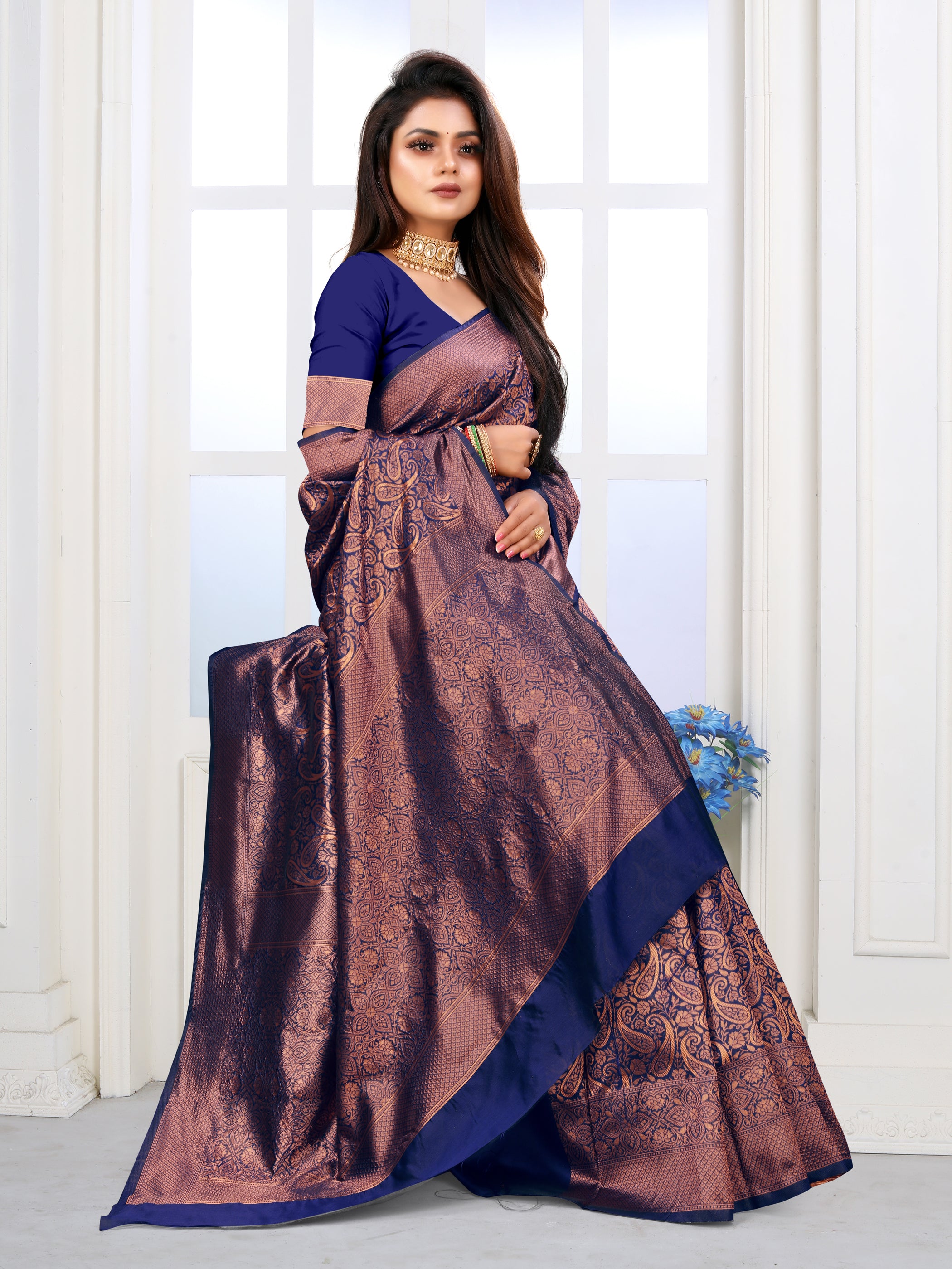 Vedant Vastram Litchi Silk Designer Banarasi Saree - Navy - Distacart