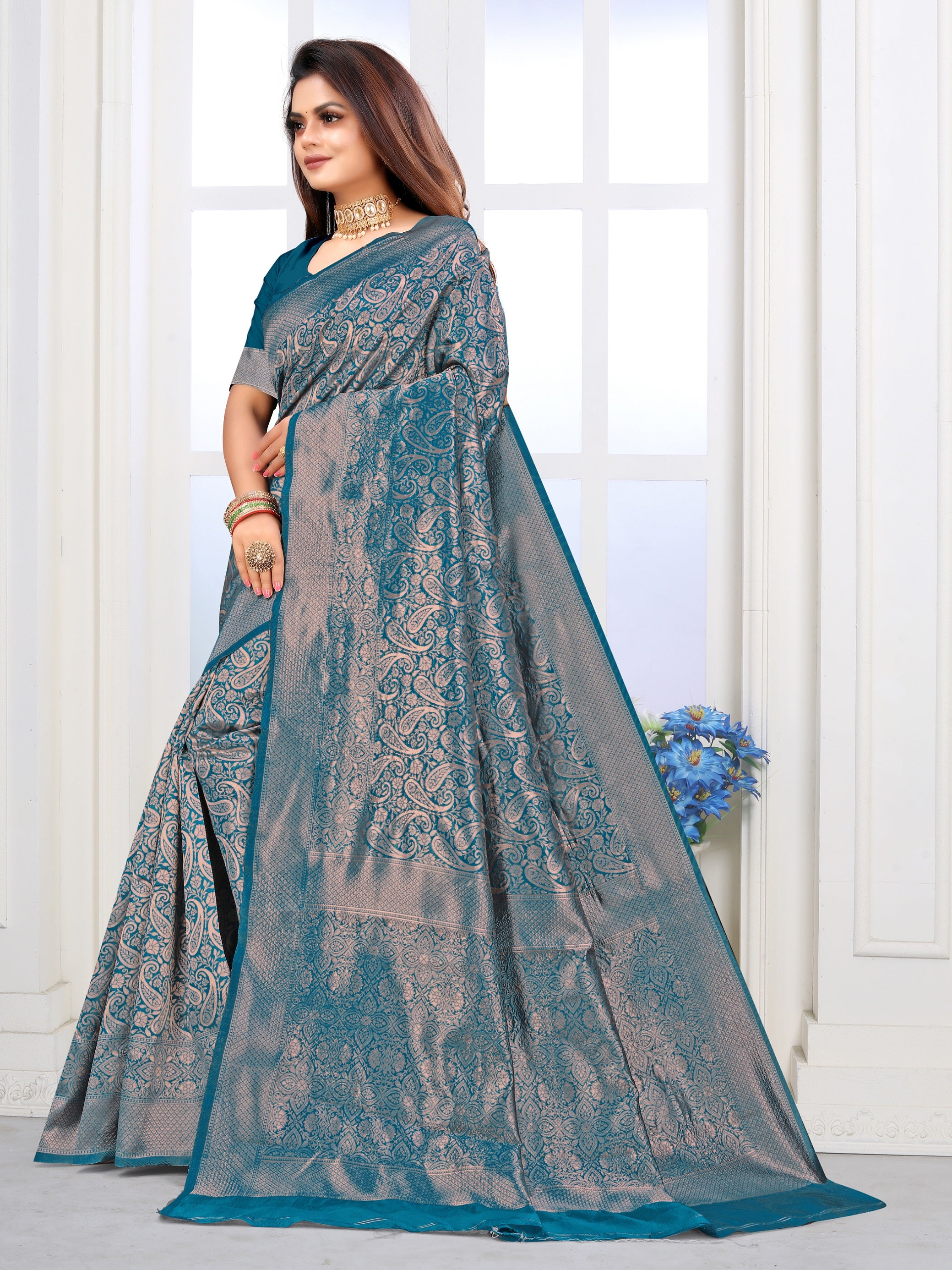 Vedant Vastram Litchi Silk Designer Banarasi Saree - Rama - Distacart