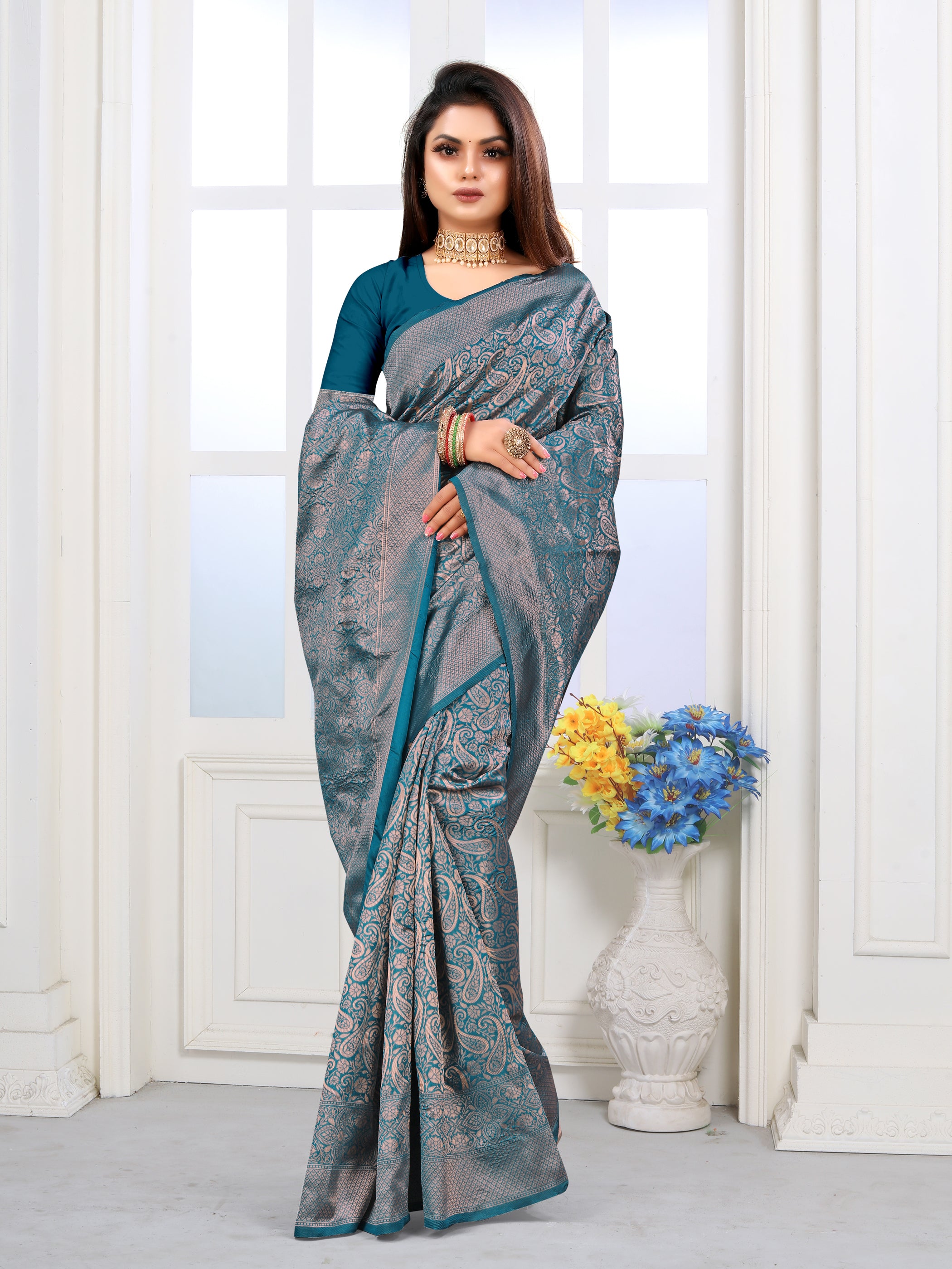 Vedant Vastram Litchi Silk Designer Banarasi Saree - Rama - Distacart