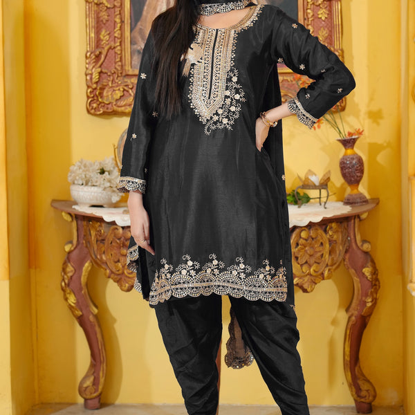 Lehenga Mart Designer Chinon Dhoti Suit With Sequence Embroidered Work - Black - Distacart