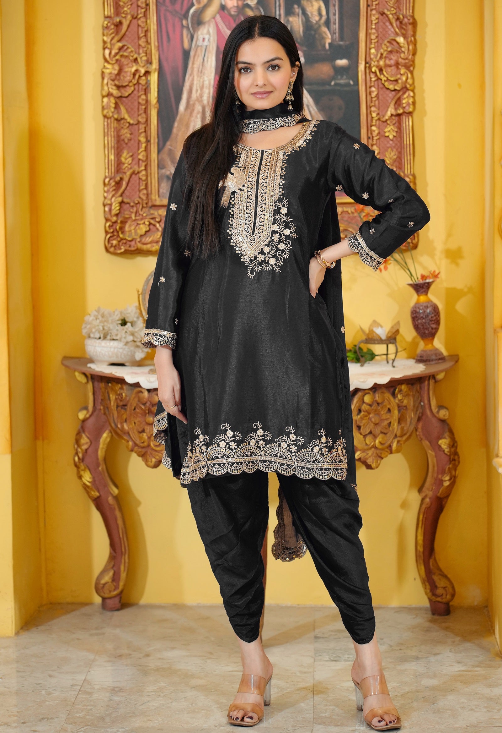 Lehenga Mart Designer Chinon Dhoti Suit With Sequence Embroidered Work - Black - Distacart