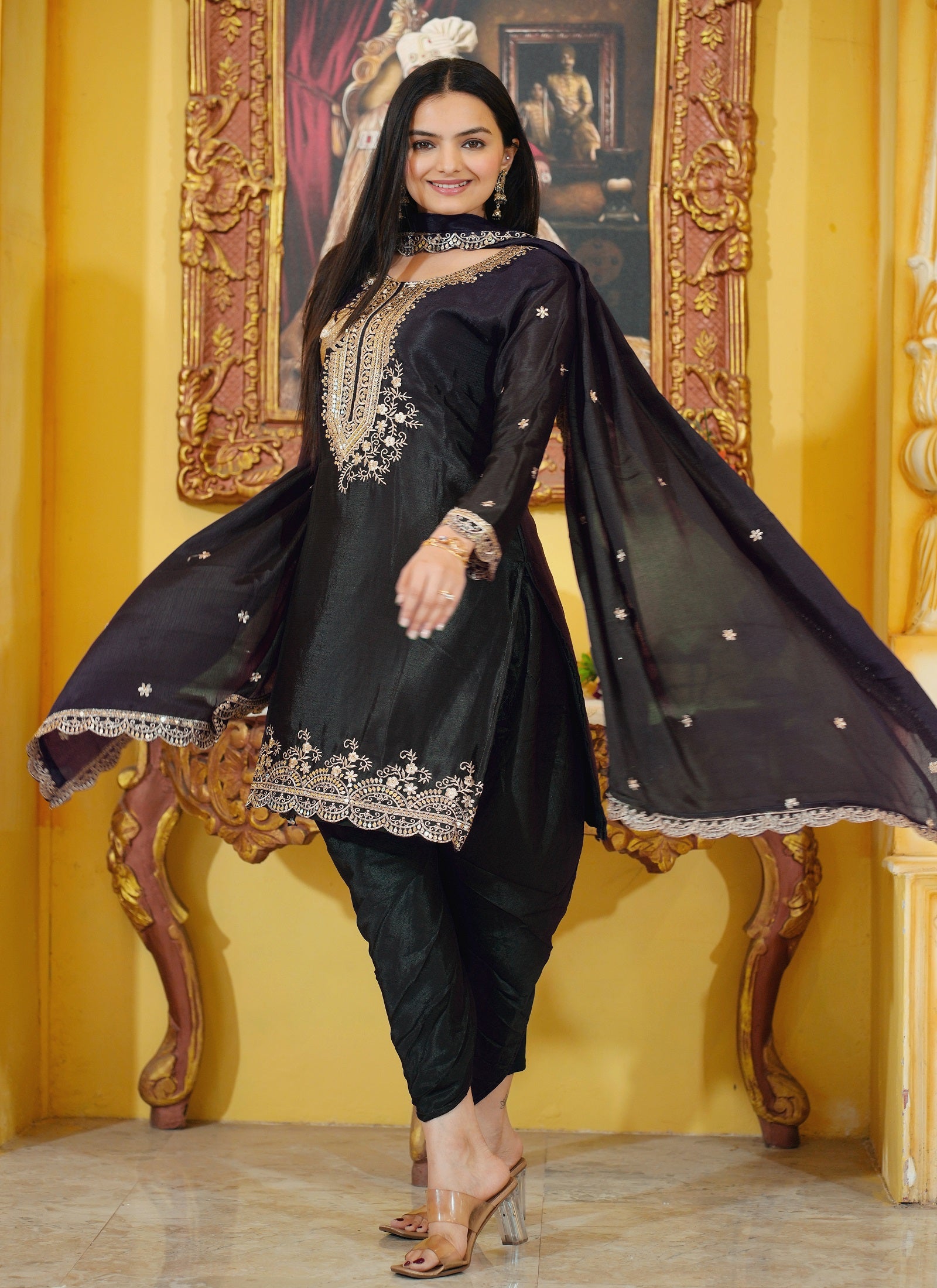 Lehenga Mart Designer Chinon Dhoti Suit With Sequence Embroidered Work - Black - Distacart