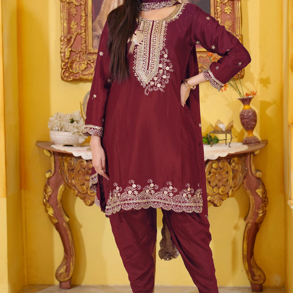 Lehenga Mart Designer Chinon Dhoti Suit With Sequence Embroidered Work - Maroon - Distacart