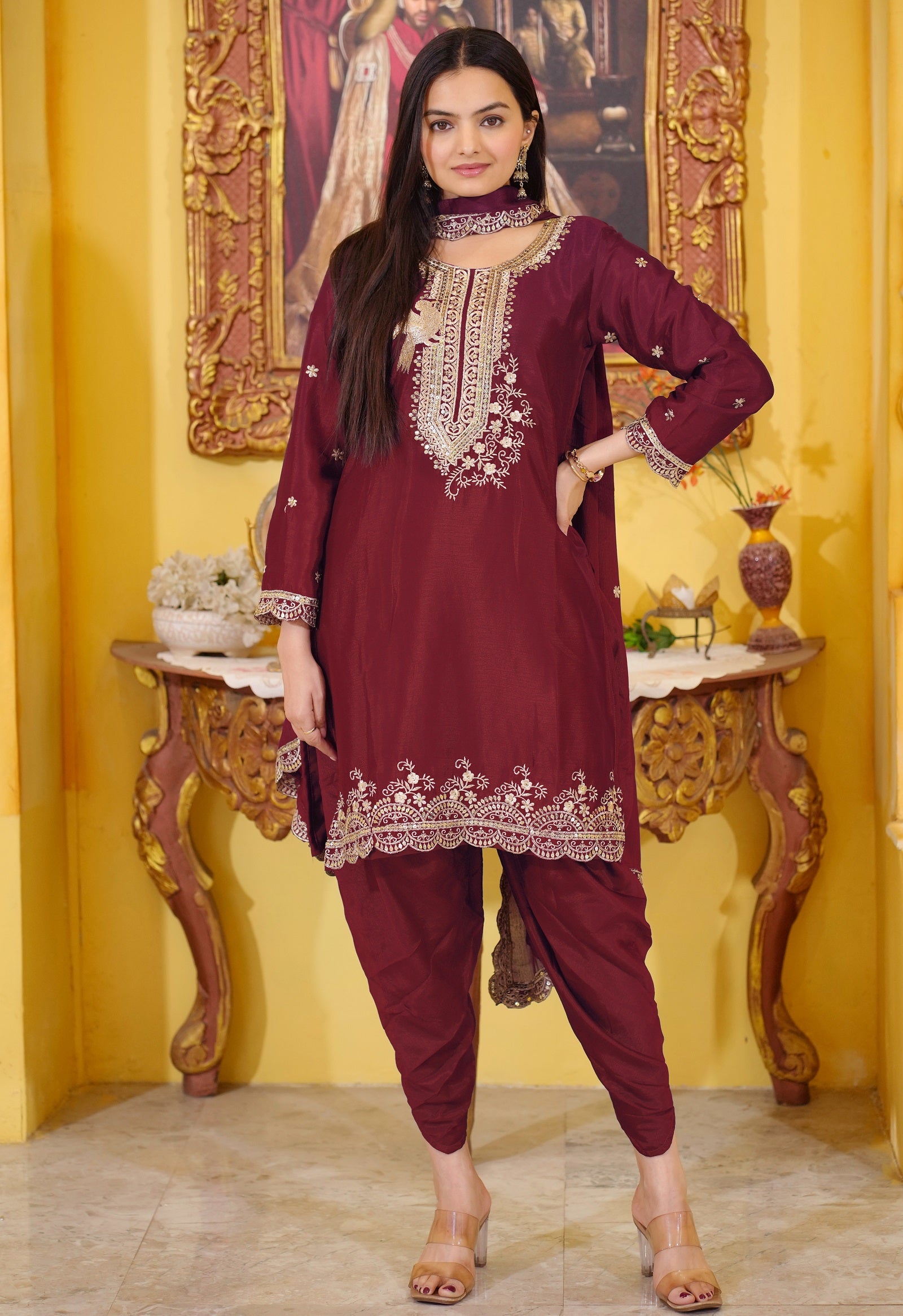 Lehenga Mart Designer Chinon Dhoti Suit With Sequence Embroidered Work - Maroon - Distacart